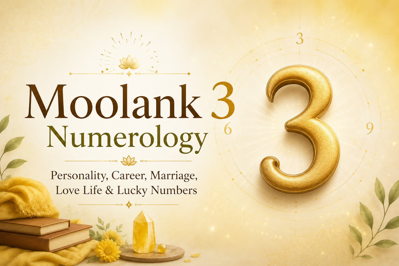 **Alt Text:** Elegant numerology-themed banner for Moolank 3 featuring a large golden number 3 set against a glowing celestial numerology wheel. The design uses soft cream and golden tones with subtle sparkles, lotus motifs, books, crystals, and floral elements. The text reads “Moolank 3 Numerology” with the subtitle “Personality, Career, Marriage, Love Life & Lucky Numbers,” creating a mystical and premium spiritual aesthetic.